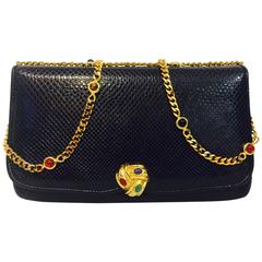 Bejeweled Vintage Judith Leiber Navy Lizard Flap Bag With Gold Tone Chain 
