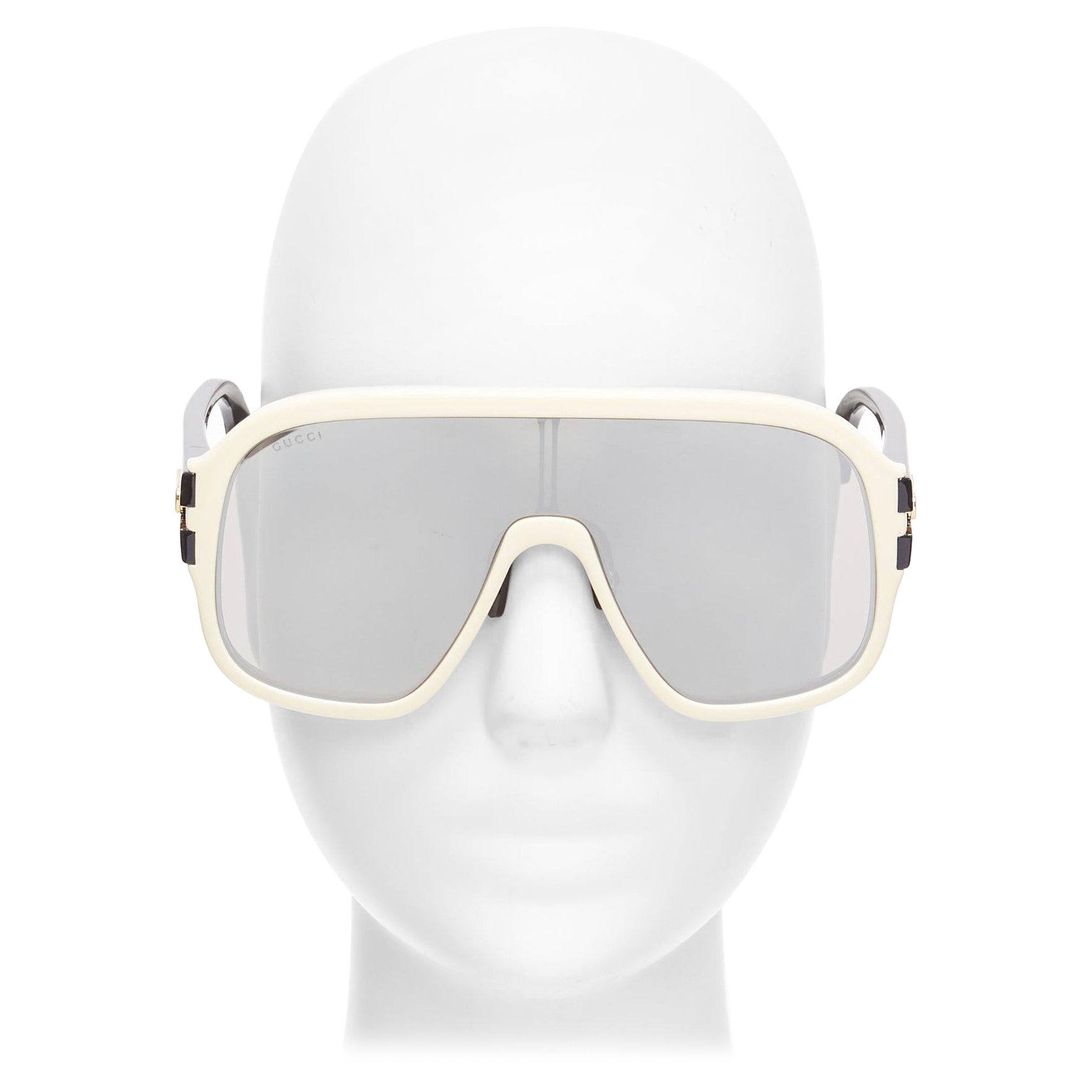 GUCCI GG0900S gold black logo cream frame black lens oversized shield sunglasses For Sale