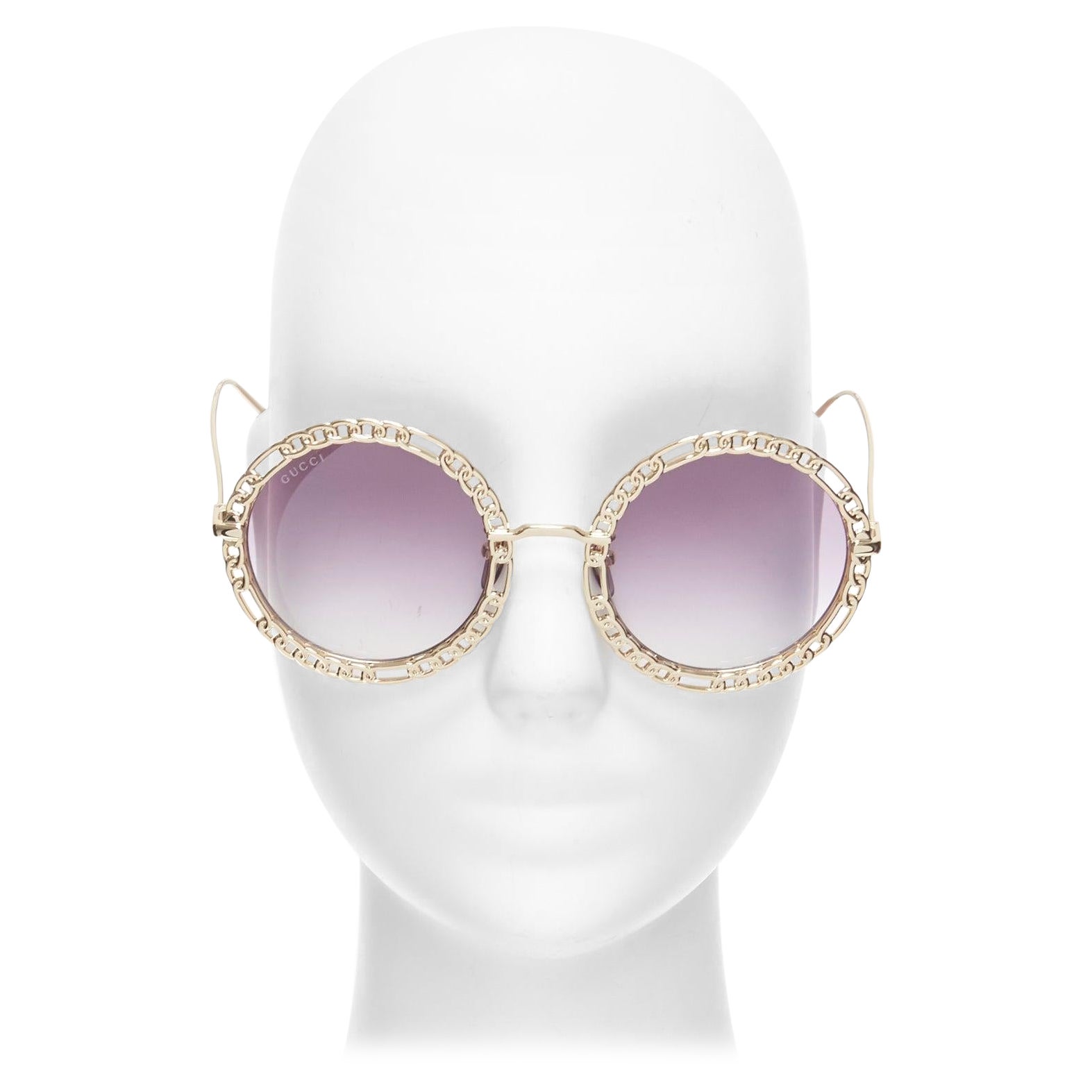 GUCCI GG1113S gold chain rim purple ombre lens round oversized sunnies For Sale