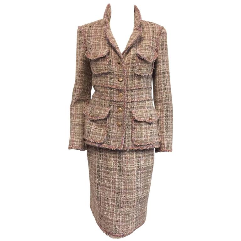 Chanel Multicolor Pink Tweed Skirt Suit With Banded Waist and Patch ...
