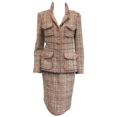 Chanel Multicolor Pink Tweed Skirt Suit With Banded Waist and Patch Pockets