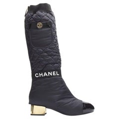 CHANEL 2021 black gold CC logo padded nylon block heeled high boots EU38.5