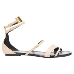 SAINT LAURENT Janis nude leather gold metal bar flat sandals EU38.5