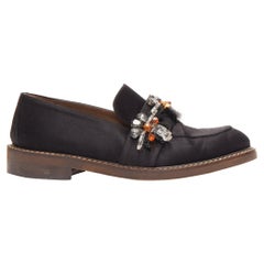 MARNI black satin clear flower beads embellished loafers EU38.5