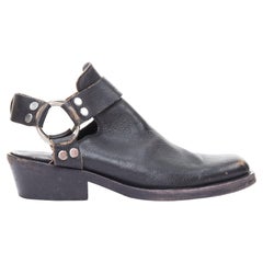 BALENCIAGA black leather silver buckle distressed cuban mules EU38.5