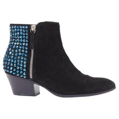 GIUSEPPE ZANOTTI blue crystal encrusted heel black suede booties EU38