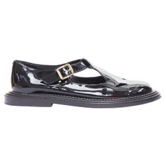 BURBERRY black patent leather T-bar overstitch maryjane flats EU38