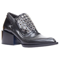 JIL SANDER silver grommet black leather block heel loafer EU38