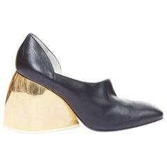 LOEWE Gold geschwungener Absatz schwarzes Leder Slipper mit Absatz EU39