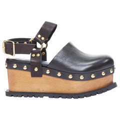 SACAI Clog black leather gold studs wooden platform shoes EU37