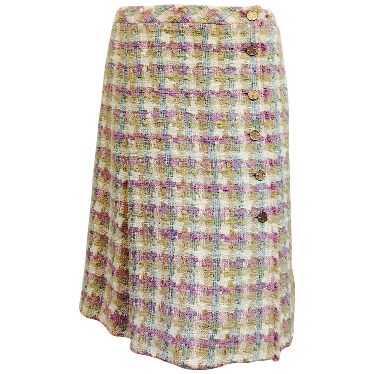 2008 Spring Cotton & Linen Blend Tweed Wrap Skirt With Inverted Pleat For Sale