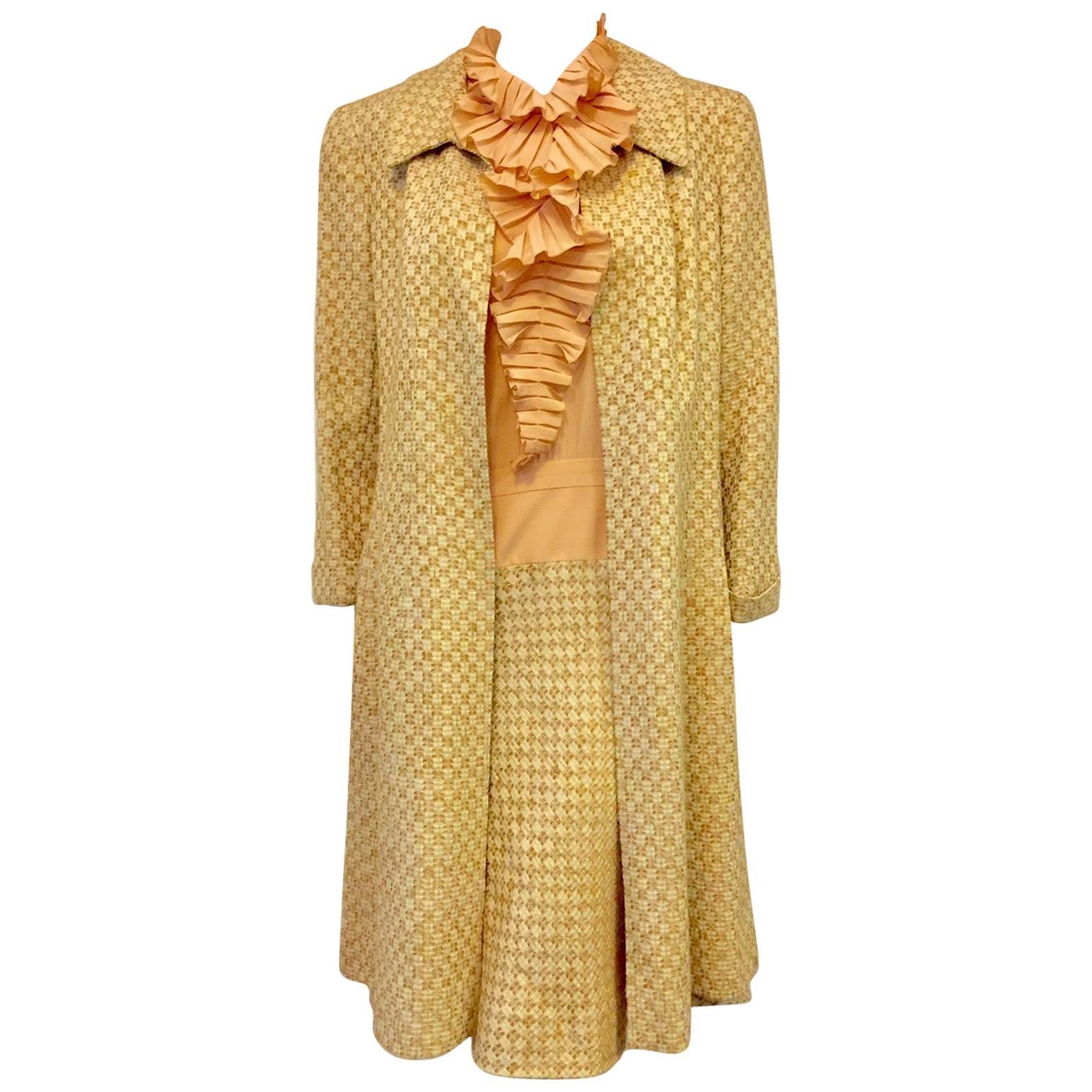 Chanel 2001 Cruise Honey and Tan Tweed Dress and Coat Ensemble