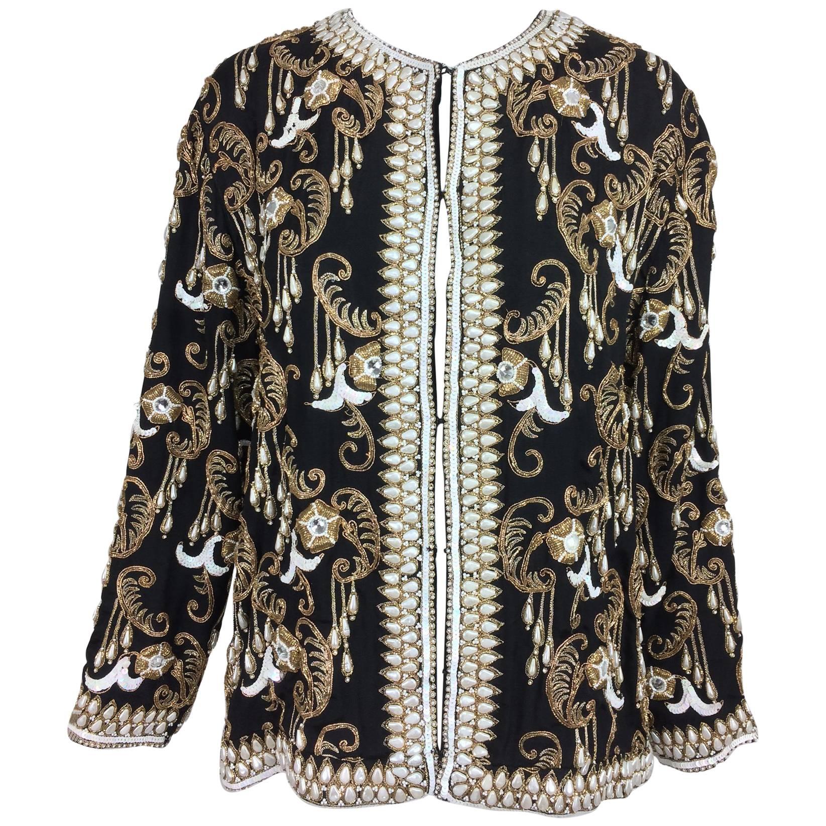Vintage heavily beaded and embroidered black silk jacket 1990s Large at ...