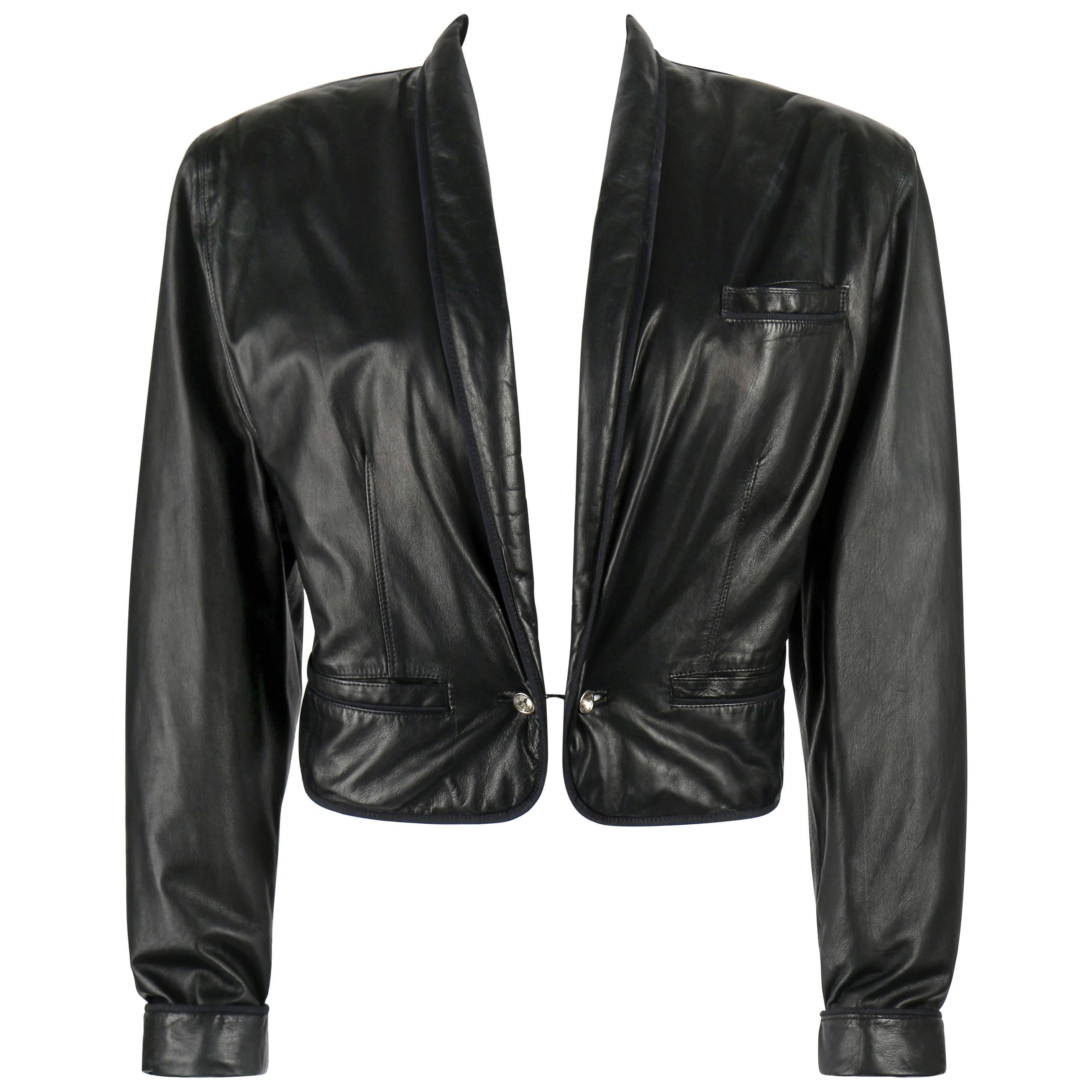 GIANNI VERSACE c.1980's Black Leather Cropped Blazer Jacket  For Sale