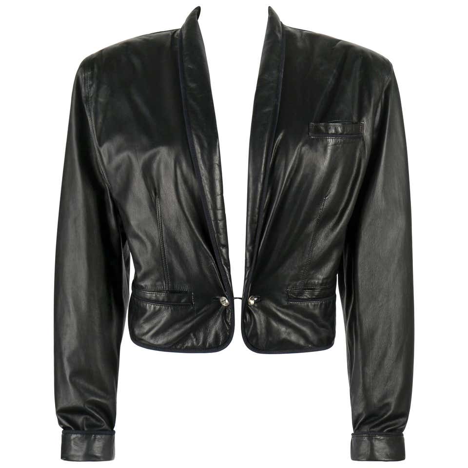 GIANNI VERSACE c.1980's Black Leather Cropped Blazer Jacket For Sale at ...