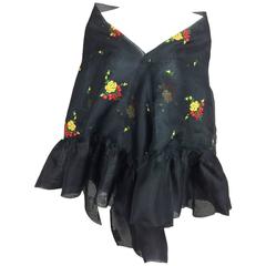 Vintage Christian Dior floral embroidered black silk organza ruffle shawl 1970s