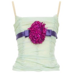 DOLCE GABBANA 2005 Vintage green silk pink flower applique corset bustier IT40 S