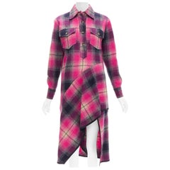 DRIES VAN NOTEN 100% Wolle Schwarz Rosa kariertes Kleid mit schrägem Streifensaum FR34 XS