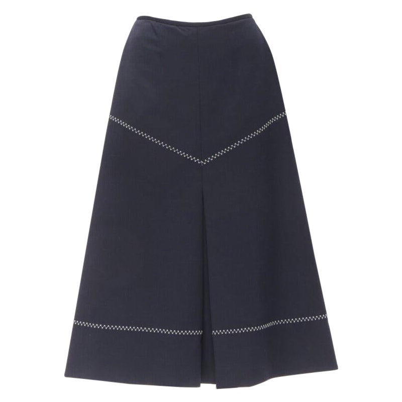 ELLERY navy polyester wool white cross hatch stitching flared skirt US2 XS