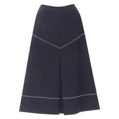 ELLERY gonna svasata in poliestere navy e lana bianca con cuciture a punto croce US2 XS