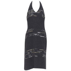 LUISA BECCARIA black wool tweed gold silver sequins embroidered dress IT42 M
