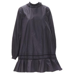 CHRISTIAN DIOR black 100% silk lace trim collar flared skirt muumuu dress FR42 L