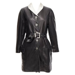 GIANNI VERSACE Vintage black leather white silk medusa button belted coat