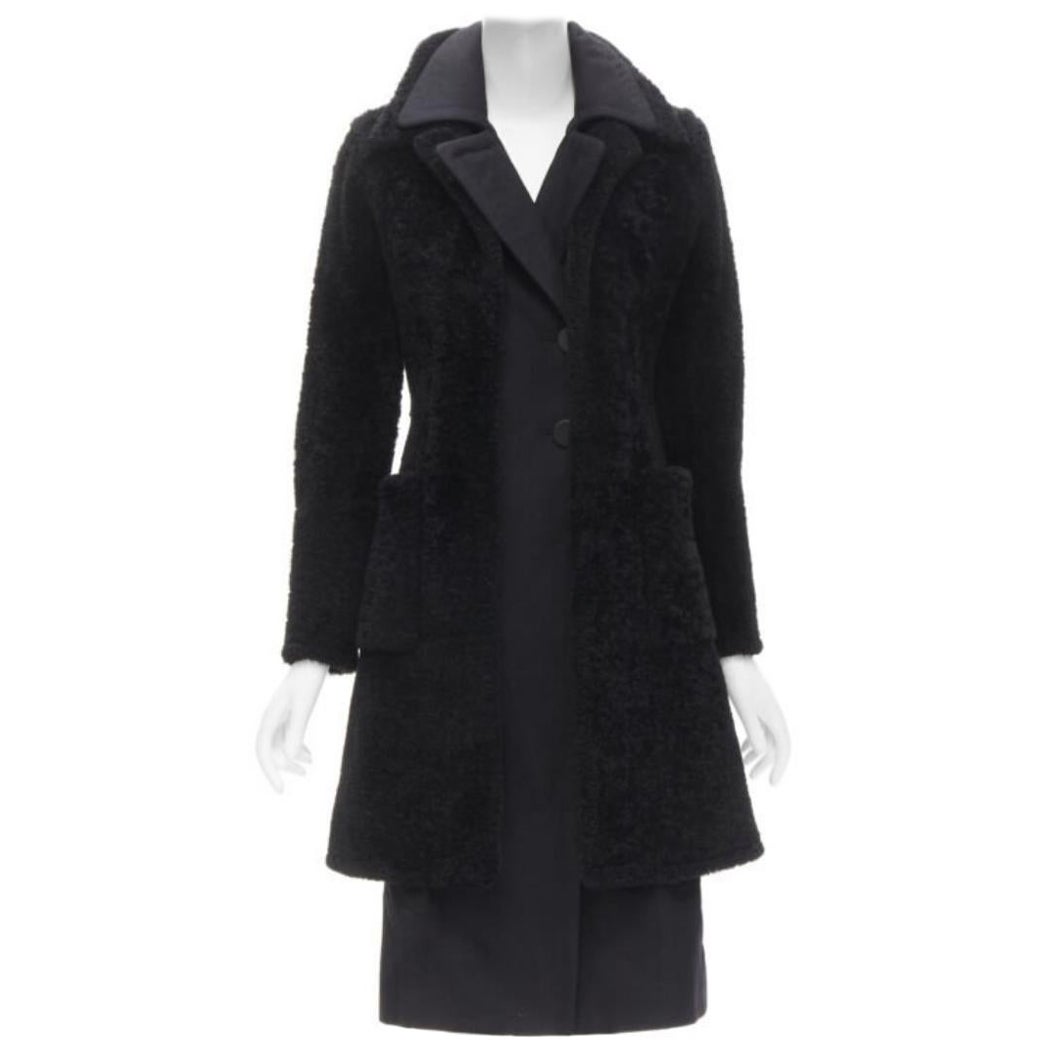 OLD CELINE Phoebe Philo black lambskin shearling wool layered coat FR34 XS For Sale