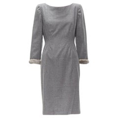 VALENTINO Vintage grey wool cashmere fur cuff pinched waist dress US8 M