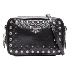 PRADA crystal silver stud logo black saffiano leather crossbody camera bag