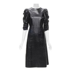 rare OLD CELINE Phoebe Philo black shiney lambskin rusched sleeve dress FR36 S