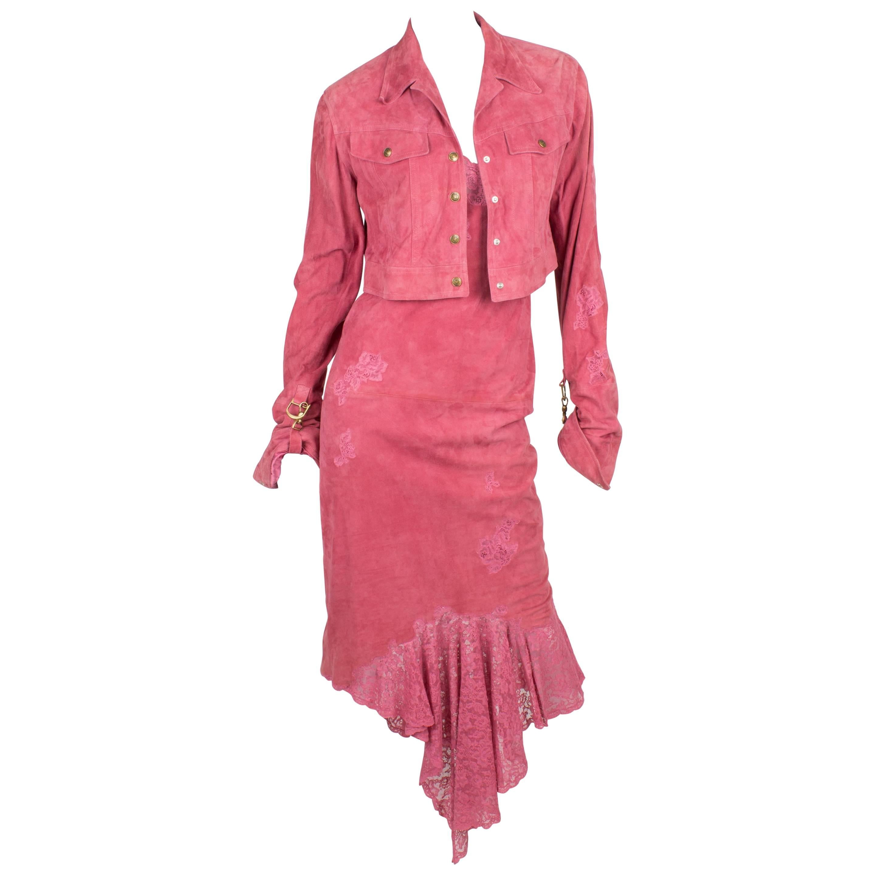 Christian Dior Dress & Jacket - pink suede For Sale