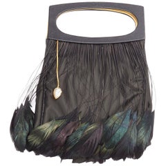rare LALIQUE black green feather black satin top handle clutch bag