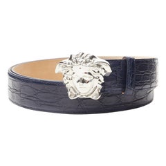 VERSACE $1200 La Medusa hebilla de plata cinturón de cuero escamado azul 80c 30-34"