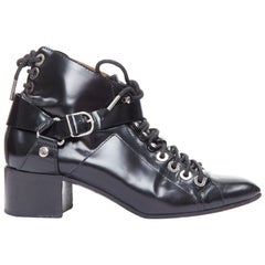 BALENCIAGA black leather silver buckles laced harness booties EU38.5