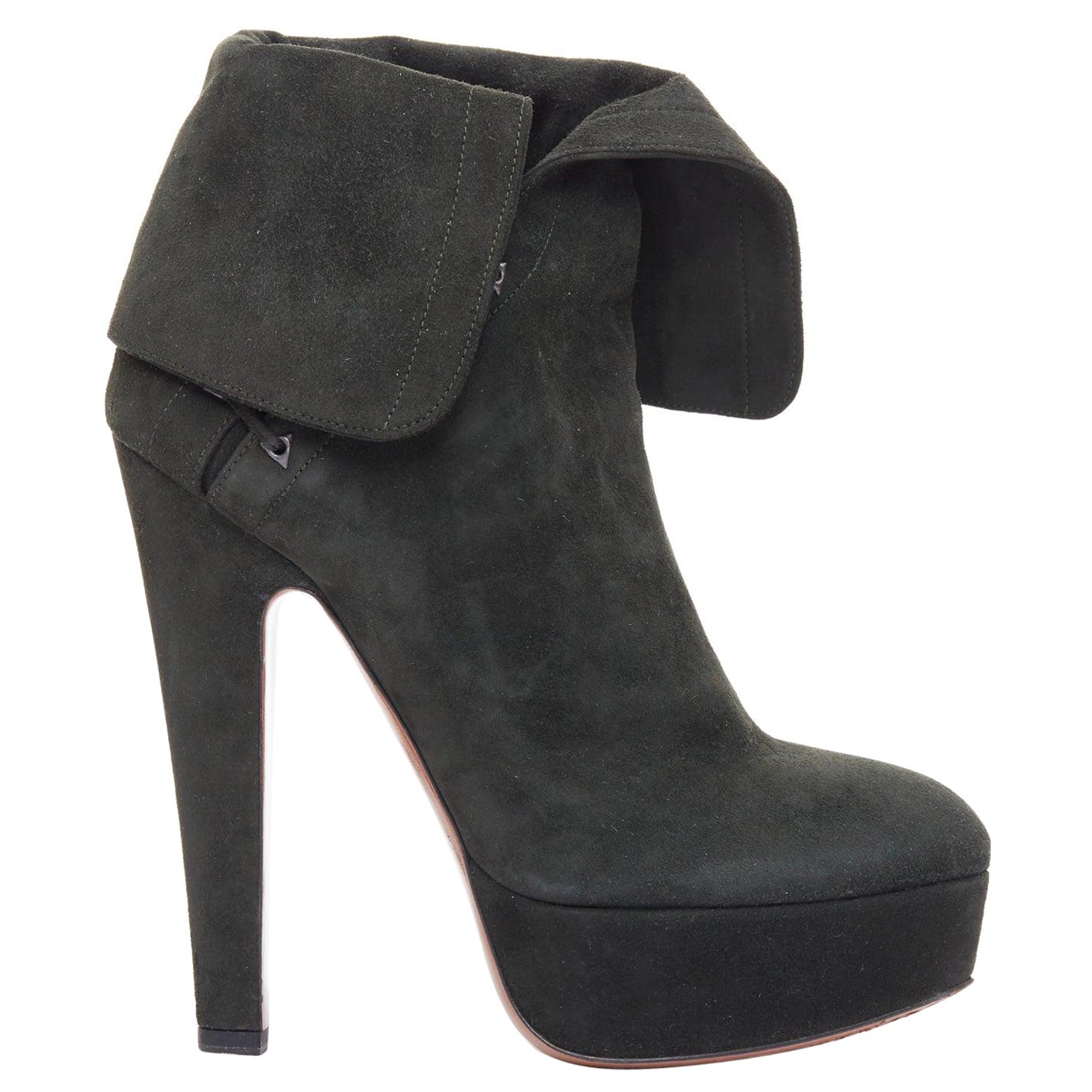 ALAIA - Bottines à talon conique en daim vert foncé à lacets latéraux EU38
