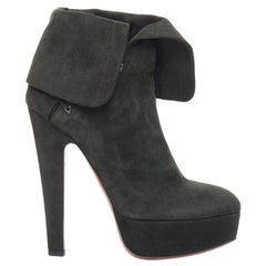 ALAIA dark green suede foldover lace up side cone heel booties EU38