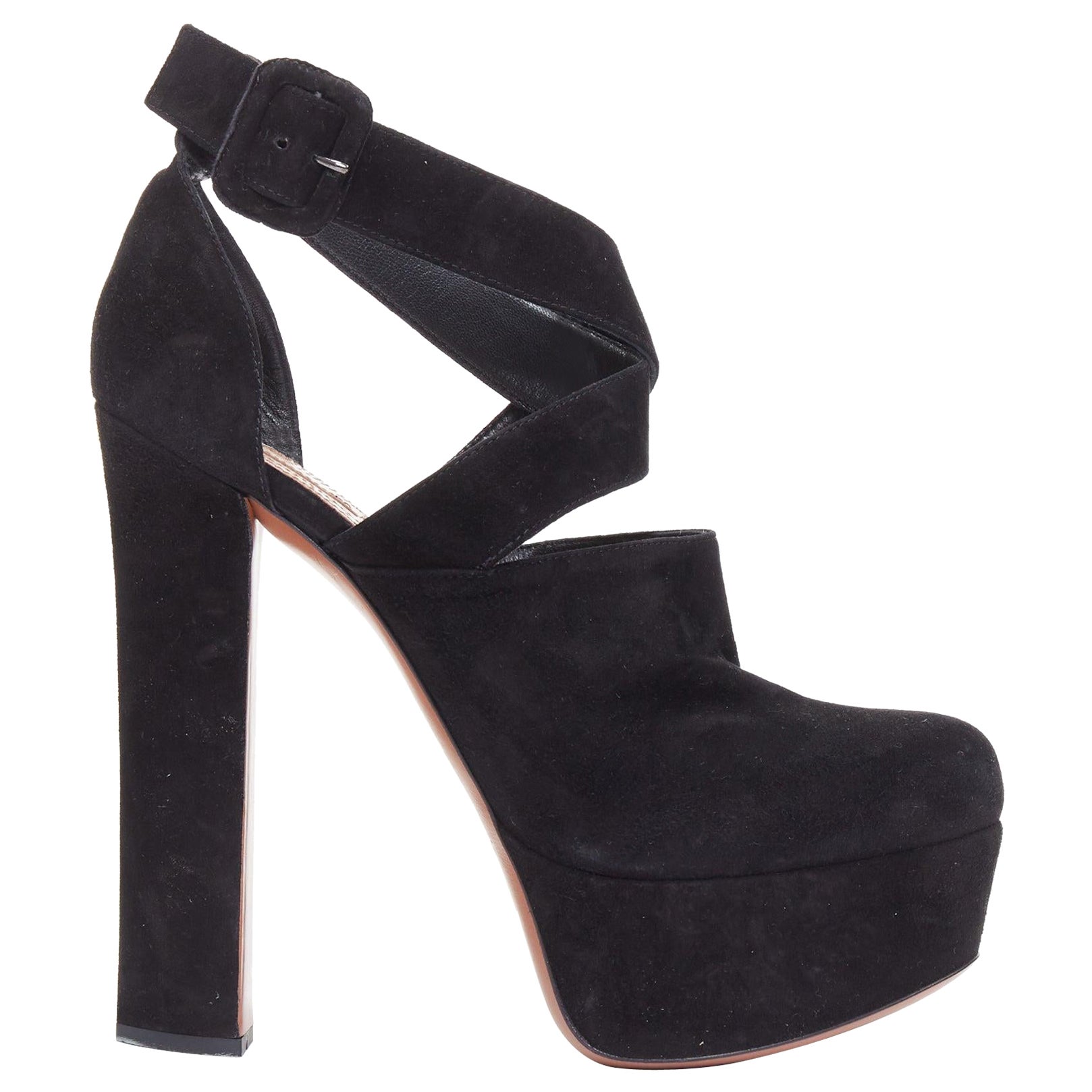 ALAIA en daim noir avec bride enveloppante, talons hauts à plateforme EU38