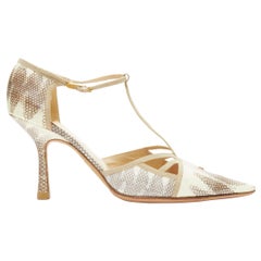 CHANEL CC mini logo scaled leather nude suede trim pointed T-strap pump EU38