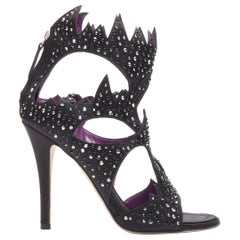 GIUSEPPE ZANOTTI black crystal satin leather lined cutout sandals heels EU37.5