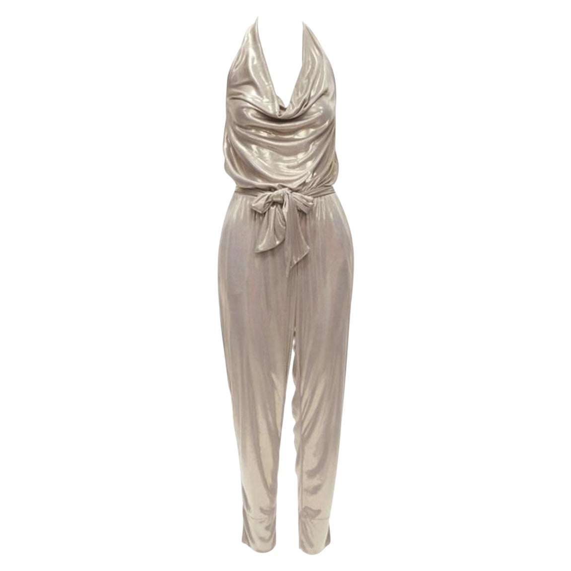 DIANE VON FUSTENBERG Carolette liquid metal gold halter backless jumpsuit S For Sale