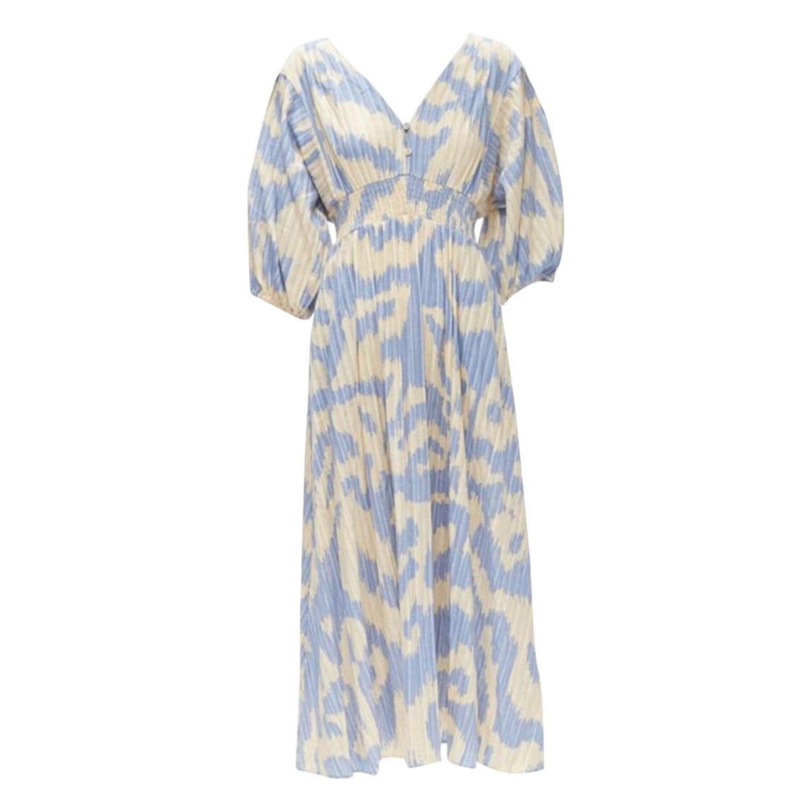DIANE VON FURSTENBERG beige blue print lattice embroidery puff sleeve dress US8 For Sale