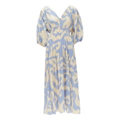 DIANE VON FURSTENBERG beige blue print lattice embroidery puff sleeve dress US8
