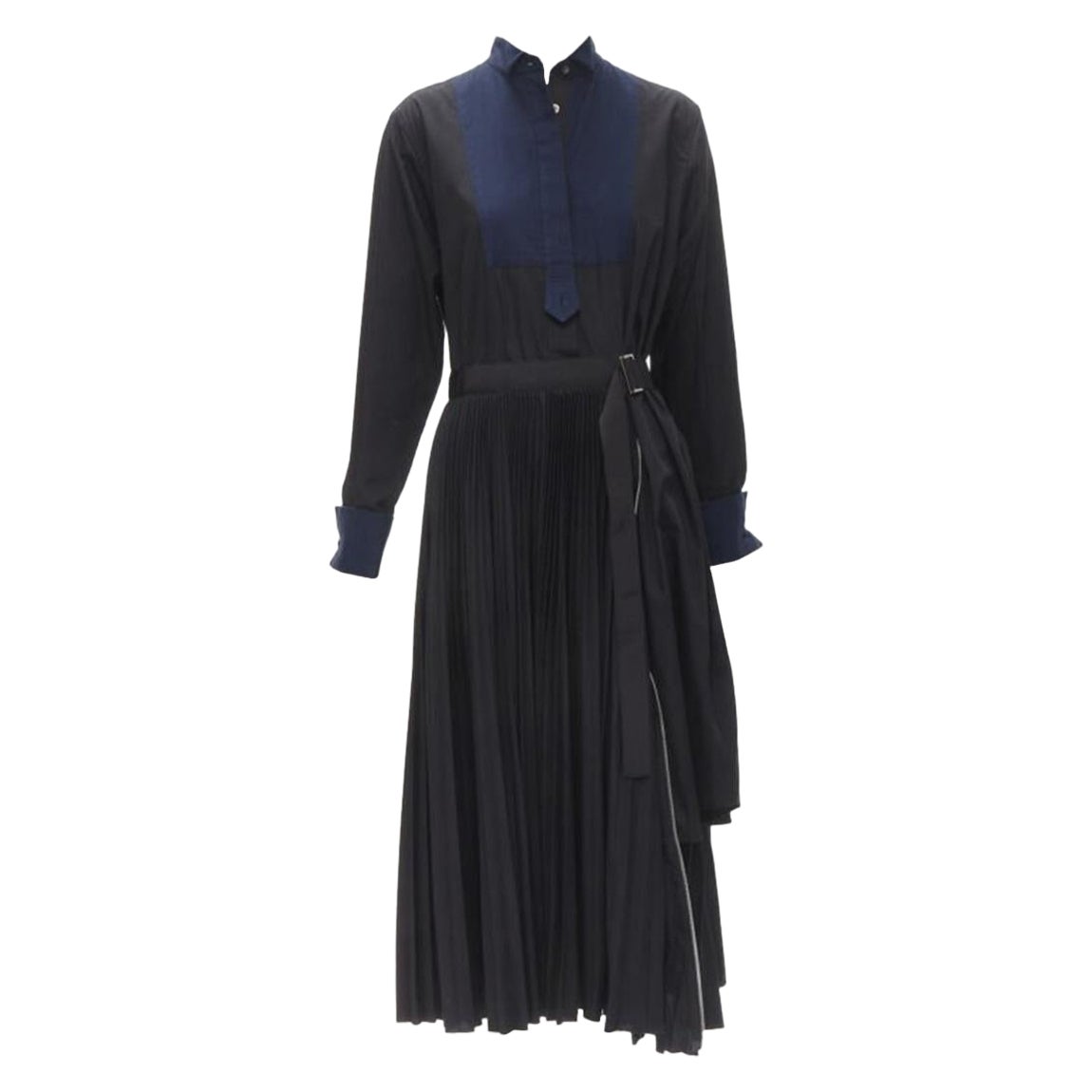 SACAI navy tuxedo bib collar black cotton pleated skirt belted midi dress JP2 M