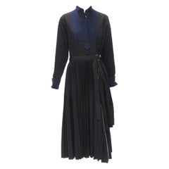 SACAI navy tuxedo bib collar black cotton pleated skirt belted midi dress JP2 M