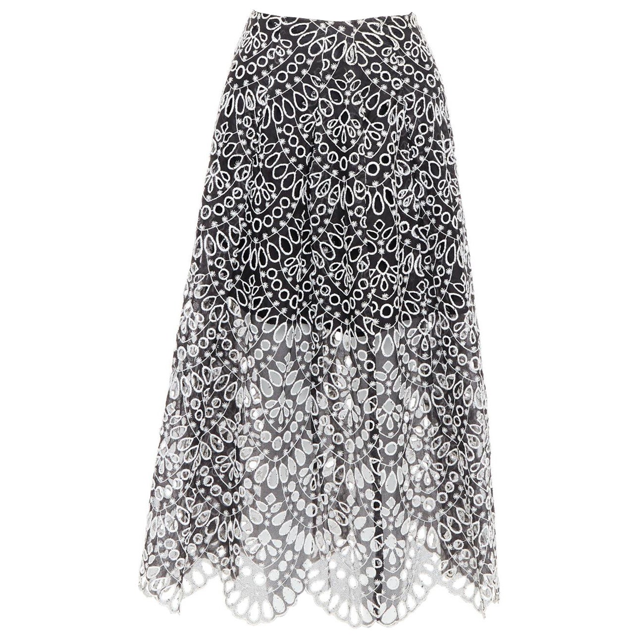 OSCAR DE LA RENTA 2015 jupe en soie noire et coton brodé anglais US0 XS
