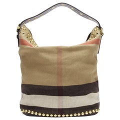 BURBERRY Ashby khaki big house check gold studded black leather bucket bag