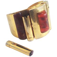 Rare Albert Dumand Signed Compact and Lipstick bangle cuff bracelet