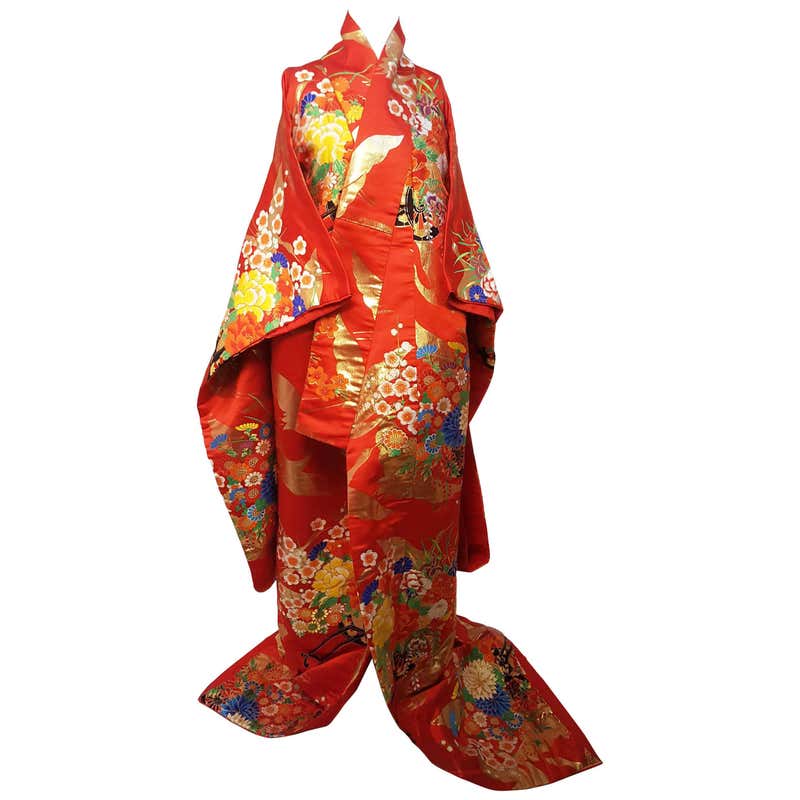 Red Ceremonial Wedding Kimono w/ Metallic Gold and Floral Embroidery at ...