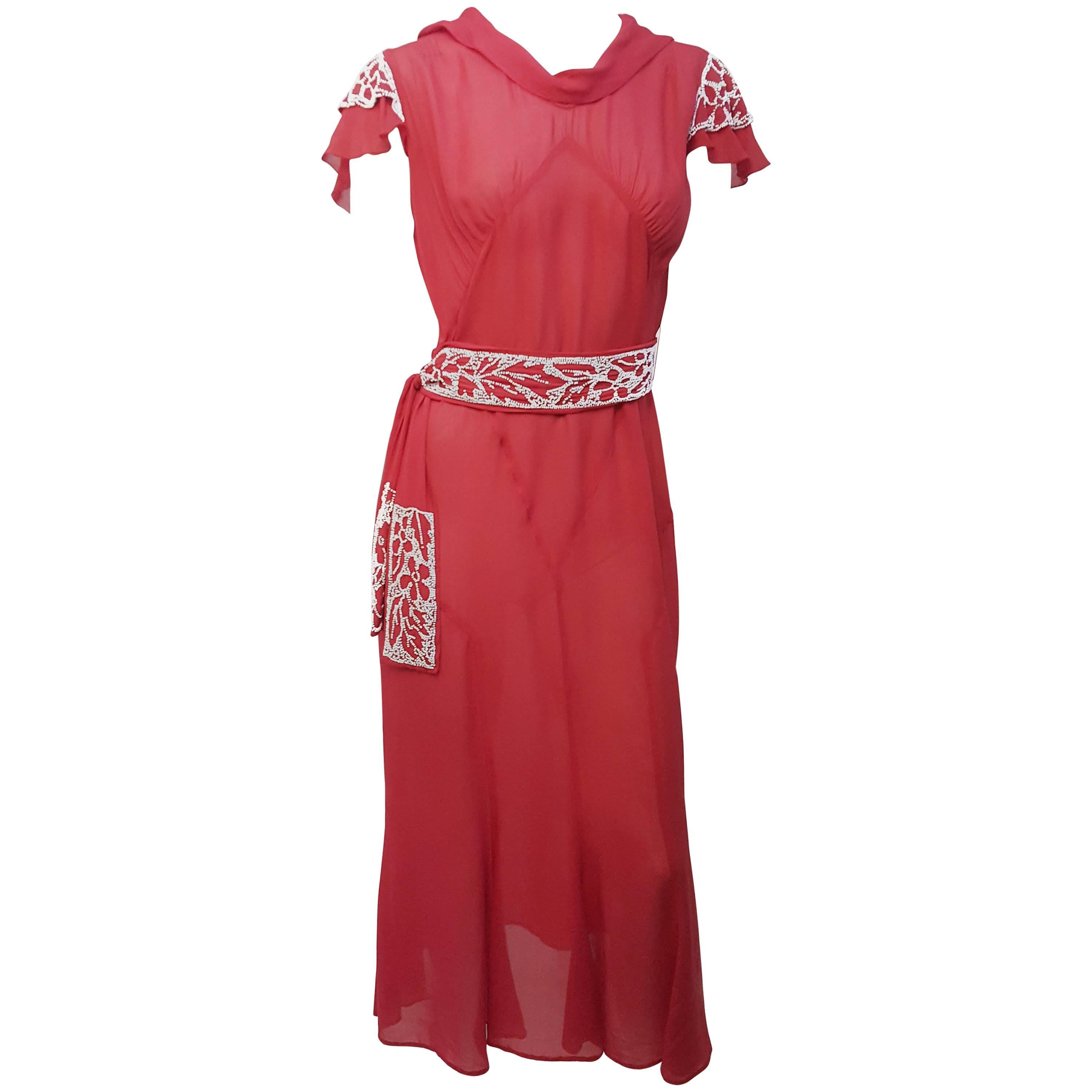 30s Red Chiffon Day Dress w/ Seed Bead Embellishment For Sale
